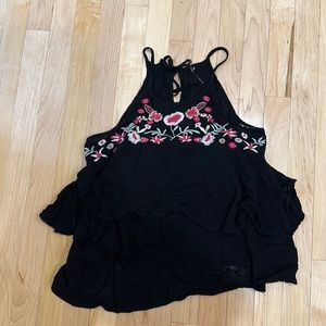 Black embroidered flowered tank